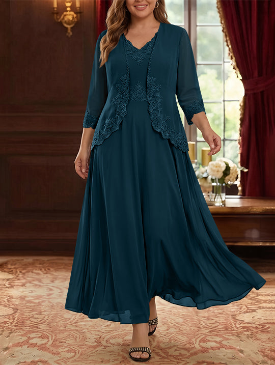 Robe Mère de la Mariée, 2 Pièces, Grande Taille, Ligne A/Princesse, Col en V, Manches 3/4, Longueur de la Cheville, Mousseline, Dentelle