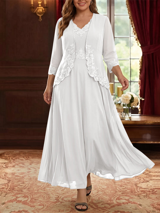 Robe Mère de la Mariée, 2 Pièces, Grande Taille, Ligne A/Princesse, Col en V, Manches 3/4, Longueur de la Cheville, Mousseline, Dentelle