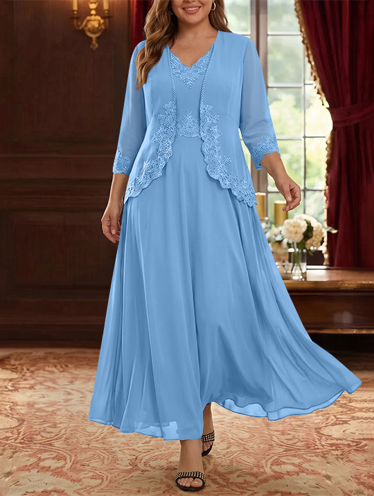 Robe Mère de la Mariée, 2 Pièces, Grande Taille, Ligne A/Princesse, Col en V, Manches 3/4, Longueur de la Cheville, Mousseline, Dentelle