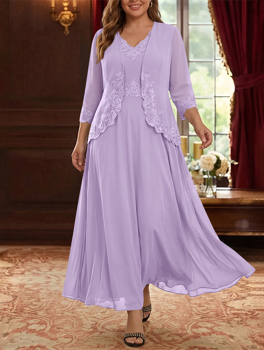 Robe Mère de la Mariée, 2 Pièces, Grande Taille, Ligne A/Princesse, Col en V, Manches 3/4, Longueur de la Cheville, Mousseline, Dentelle
