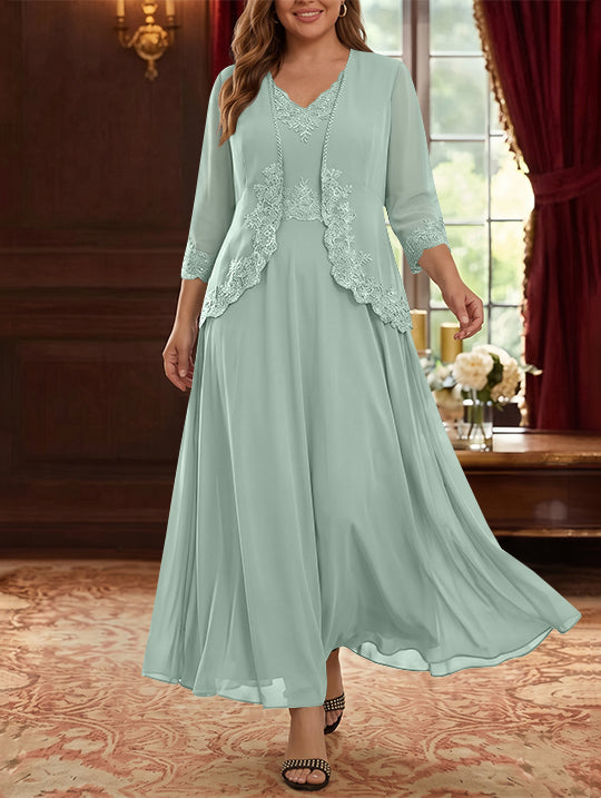 Robe Mère de la Mariée, 2 Pièces, Grande Taille, Ligne A/Princesse, Col en V, Manches 3/4, Longueur de la Cheville, Mousseline, Dentelle