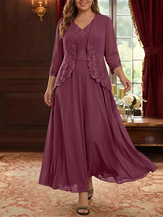 Robe Mère de la Mariée, 2 Pièces, Grande Taille, Ligne A/Princesse, Col en V, Manches 3/4, Longueur de la Cheville, Mousseline, Dentelle