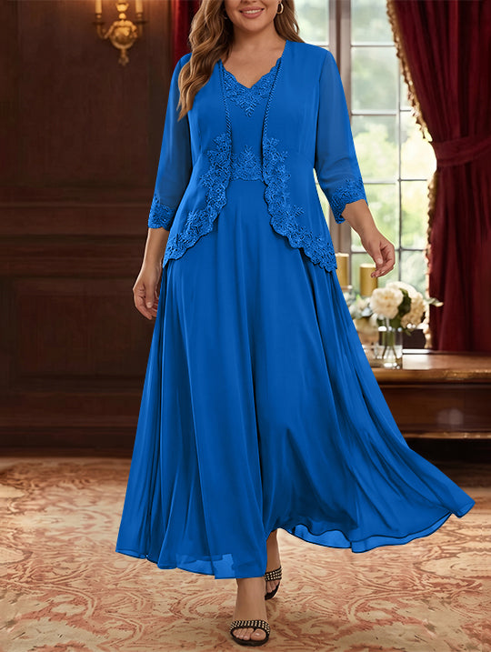 Robe Mère de la Mariée, 2 Pièces, Grande Taille, Ligne A/Princesse, Col en V, Manches 3/4, Longueur de la Cheville, Mousseline, Dentelle