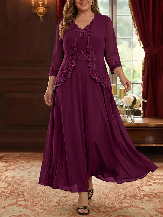Robe Mère de la Mariée, 2 Pièces, Grande Taille, Ligne A/Princesse, Col en V, Manches 3/4, Longueur de la Cheville, Mousseline, Dentelle