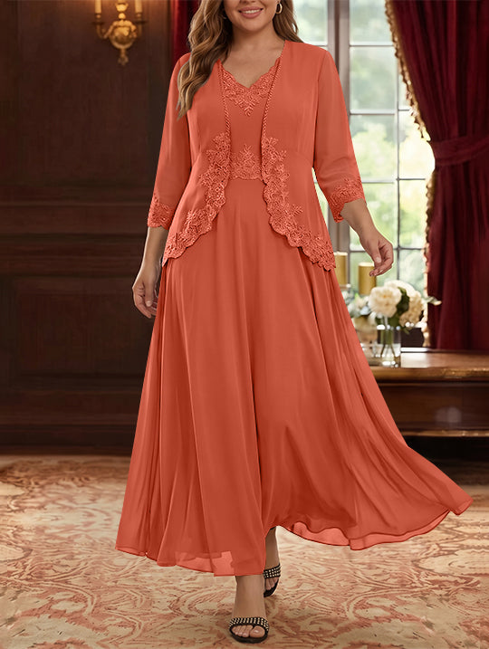 Robe Mère de la Mariée, 2 Pièces, Grande Taille, Ligne A/Princesse, Col en V, Manches 3/4, Longueur de la Cheville, Mousseline, Dentelle