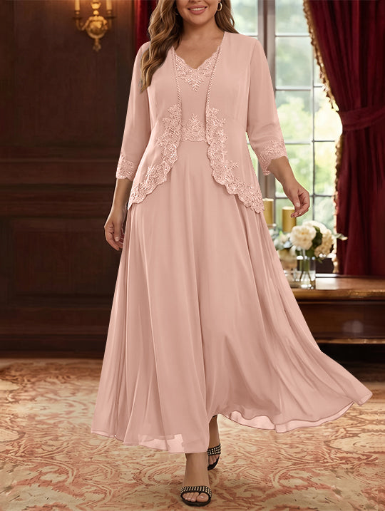 Robe Mère de la Mariée, 2 Pièces, Grande Taille, Ligne A/Princesse, Col en V, Manches 3/4, Longueur de la Cheville, Mousseline, Dentelle