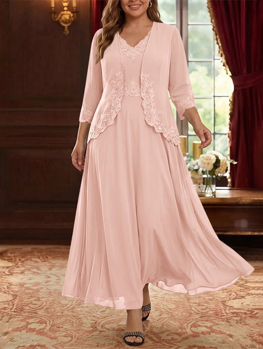 Robe Mère de la Mariée, 2 Pièces, Grande Taille, Ligne A/Princesse, Col en V, Manches 3/4, Longueur de la Cheville, Mousseline, Dentelle