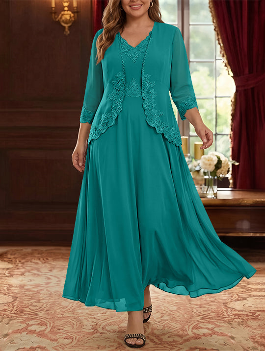 Robe Mère de la Mariée, 2 Pièces, Grande Taille, Ligne A/Princesse, Col en V, Manches 3/4, Longueur de la Cheville, Mousseline, Dentelle