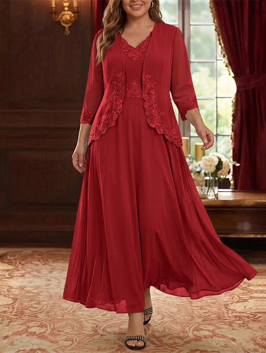 Robe Mère de la Mariée, 2 Pièces, Grande Taille, Ligne A/Princesse, Col en V, Manches 3/4, Longueur de la Cheville, Mousseline, Dentelle