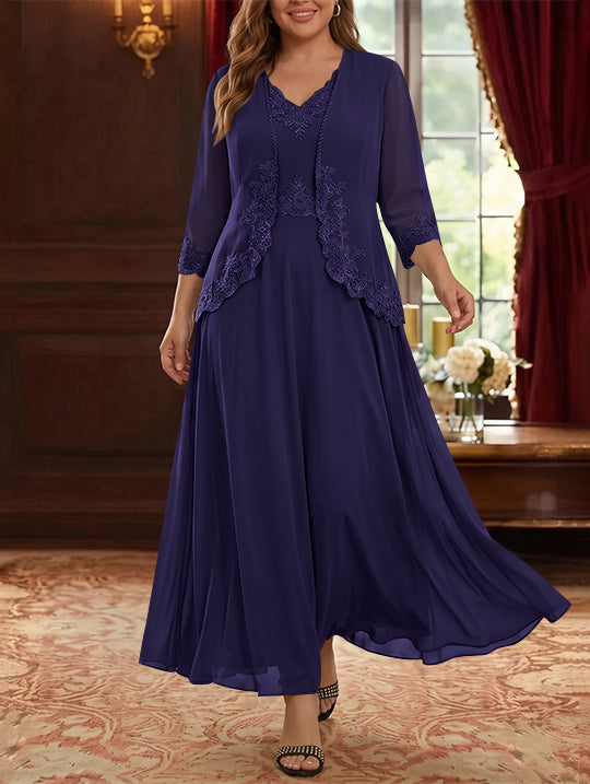 Robe Mère de la Mariée, 2 Pièces, Grande Taille, Ligne A/Princesse, Col en V, Manches 3/4, Longueur de la Cheville, Mousseline, Dentelle
