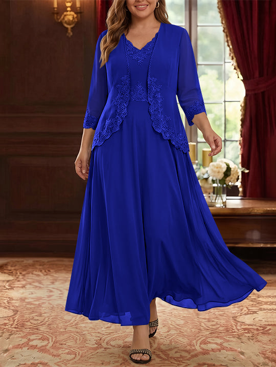 Robe Mère de la Mariée, 2 Pièces, Grande Taille, Ligne A/Princesse, Col en V, Manches 3/4, Longueur de la Cheville, Mousseline, Dentelle