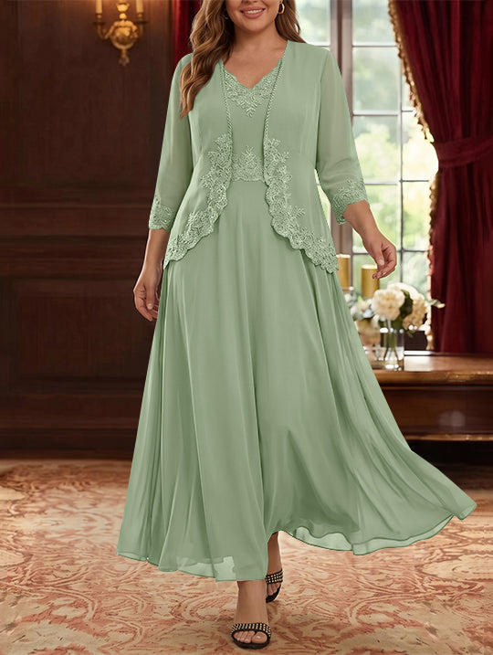 Robe Mère de la Mariée, 2 Pièces, Grande Taille, Ligne A/Princesse, Col en V, Manches 3/4, Longueur de la Cheville, Mousseline, Dentelle