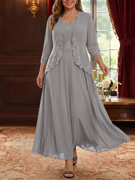 Robe Mère de la Mariée, 2 Pièces, Grande Taille, Ligne A/Princesse, Col en V, Manches 3/4, Longueur de la Cheville, Mousseline, Dentelle