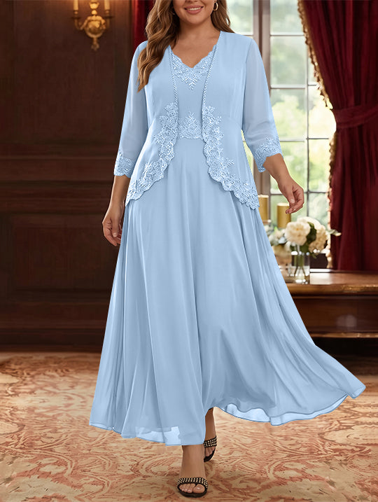 Robe Mère de la Mariée, 2 Pièces, Grande Taille, Ligne A/Princesse, Col en V, Manches 3/4, Longueur de la Cheville, Mousseline, Dentelle