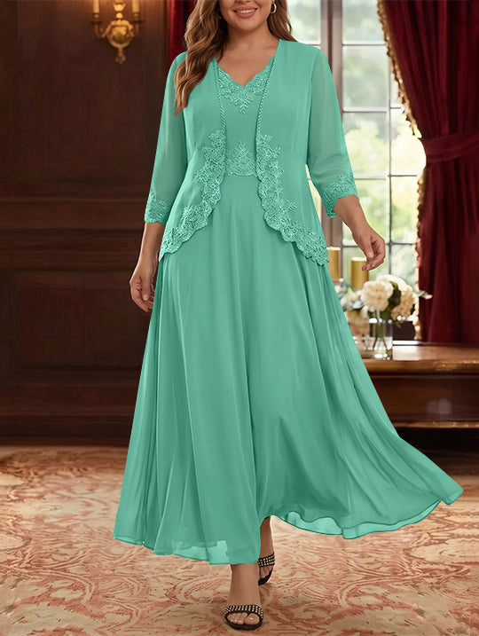 Robe Mère de la Mariée, 2 Pièces, Grande Taille, Ligne A/Princesse, Col en V, Manches 3/4, Longueur de la Cheville, Mousseline, Dentelle