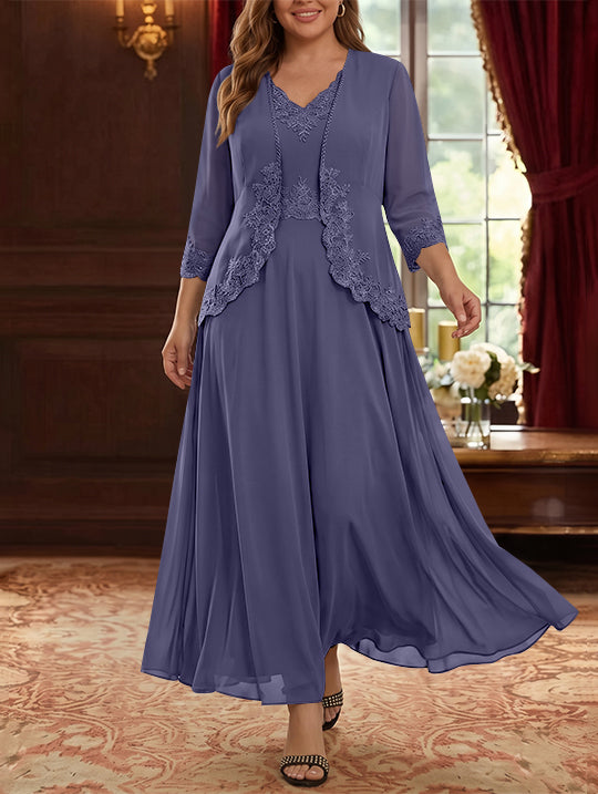 Robe Mère de la Mariée, 2 Pièces, Grande Taille, Ligne A/Princesse, Col en V, Manches 3/4, Longueur de la Cheville, Mousseline, Dentelle