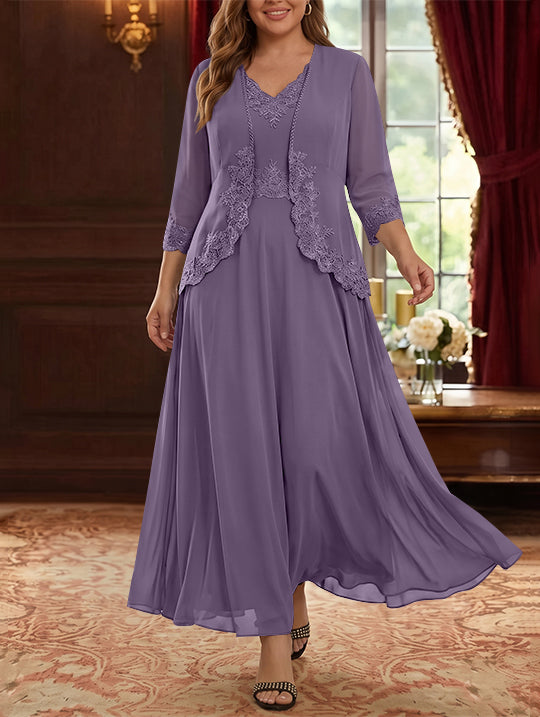 Robe Mère de la Mariée, 2 Pièces, Grande Taille, Ligne A/Princesse, Col en V, Manches 3/4, Longueur de la Cheville, Mousseline, Dentelle