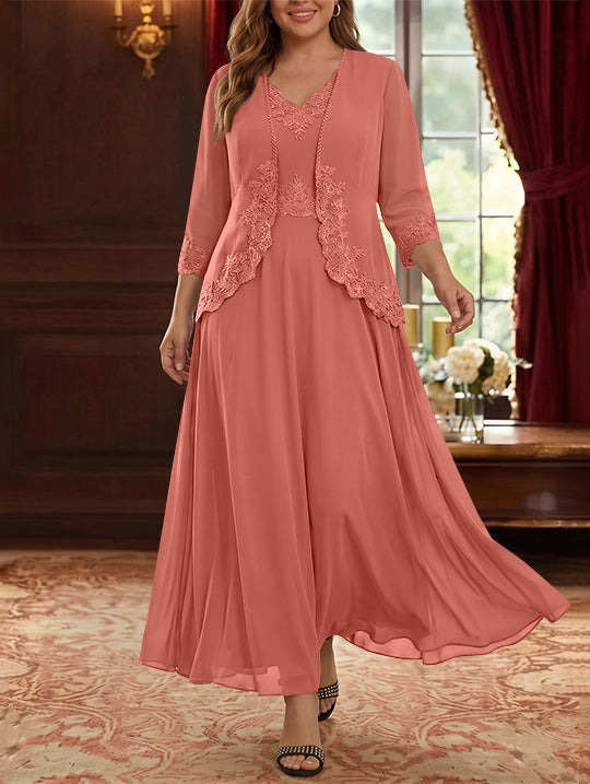 Robe Mère de la Mariée, 2 Pièces, Grande Taille, Ligne A/Princesse, Col en V, Manches 3/4, Longueur de la Cheville, Mousseline, Dentelle