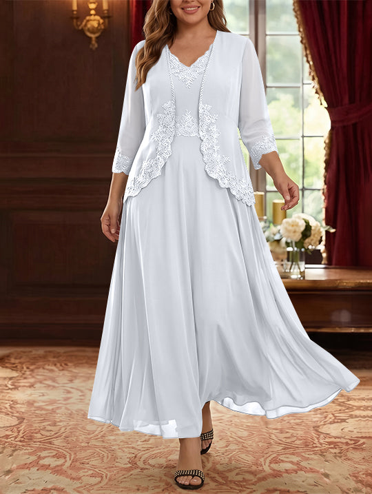 Robe Mère de la Mariée, 2 Pièces, Grande Taille, Ligne A/Princesse, Col en V, Manches 3/4, Longueur de la Cheville, Mousseline, Dentelle