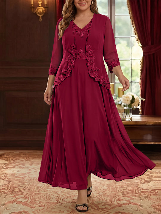 Robe Mère de la Mariée, 2 Pièces, Grande Taille, Ligne A/Princesse, Col en V, Manches 3/4, Longueur de la Cheville, Mousseline, Dentelle