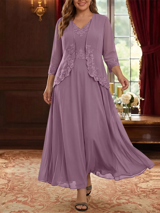 Robe Mère de la Mariée, 2 Pièces, Grande Taille, Ligne A/Princesse, Col en V, Manches 3/4, Longueur de la Cheville, Mousseline, Dentelle