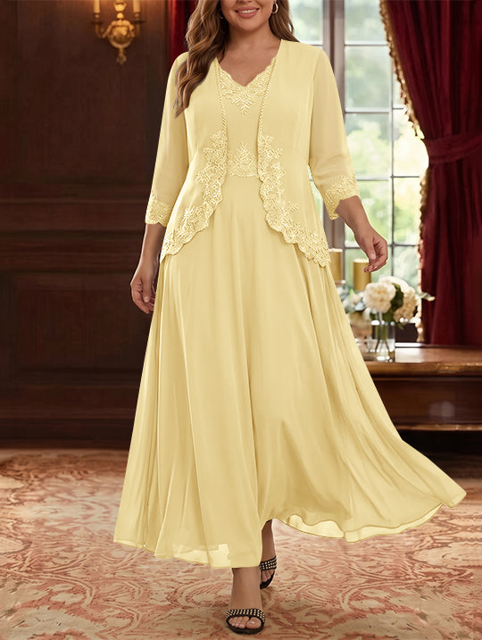 Robe Mère de la Mariée, 2 Pièces, Grande Taille, Ligne A/Princesse, Col en V, Manches 3/4, Longueur de la Cheville, Mousseline, Dentelle