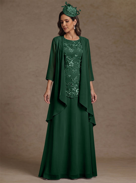 Ensemble 2 pièces mère de la mariée ligne A, mousseline col rond, veste, manches 3/4, longueur sol, dentelle