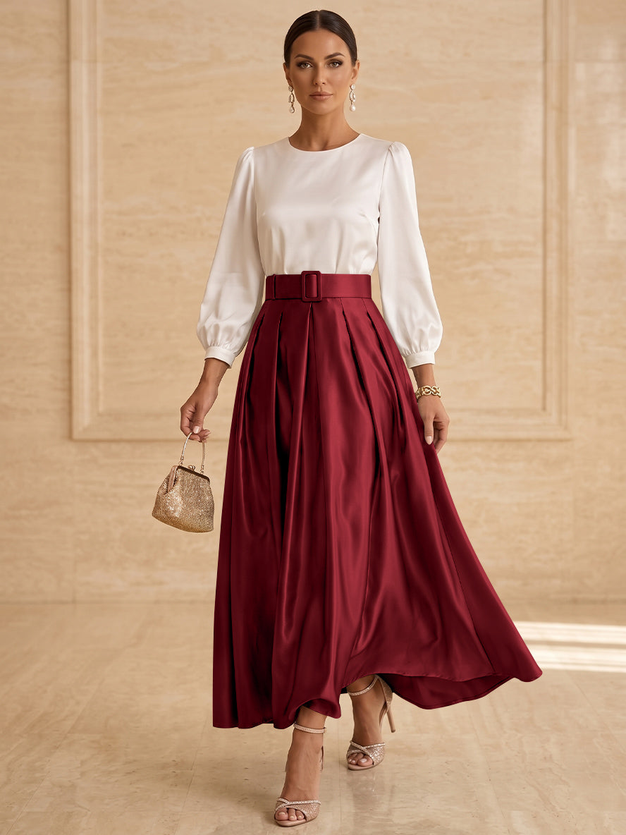Robe mère de la mariée ligne A, taffetas col rond, manches longues, longueur cheville, plissé
