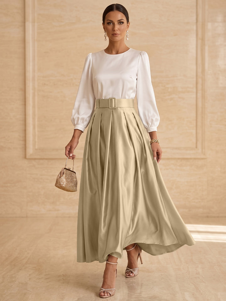 Robe mère de la mariée ligne A, taffetas col rond, manches longues, longueur cheville, plissé