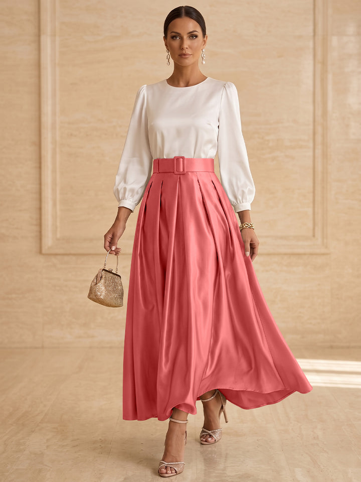 Robe mère de la mariée ligne A, taffetas col rond, manches longues, longueur cheville, plissé