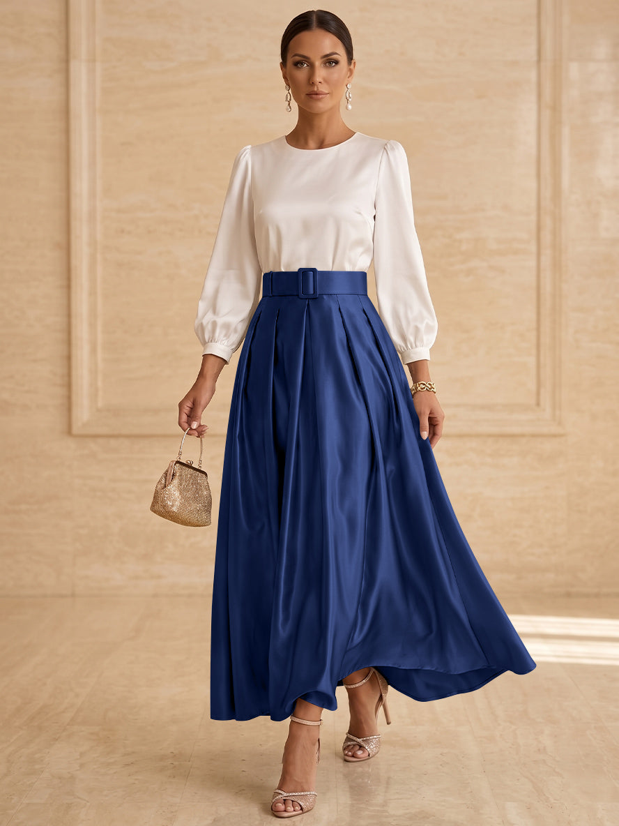 Robe mère de la mariée ligne A, taffetas col rond, manches longues, longueur cheville, plissé