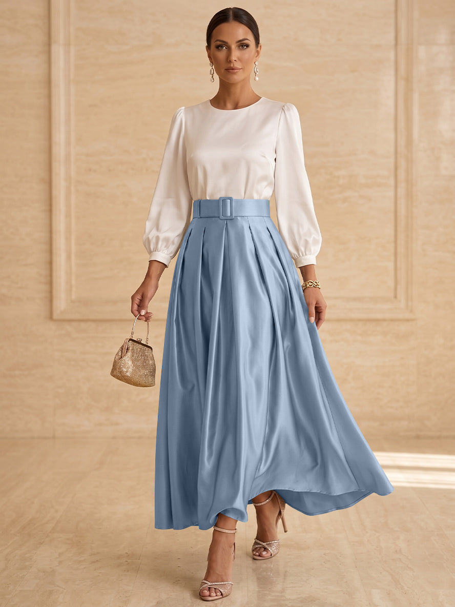 Robe mère de la mariée ligne A, taffetas col rond, manches longues, longueur cheville, plissé