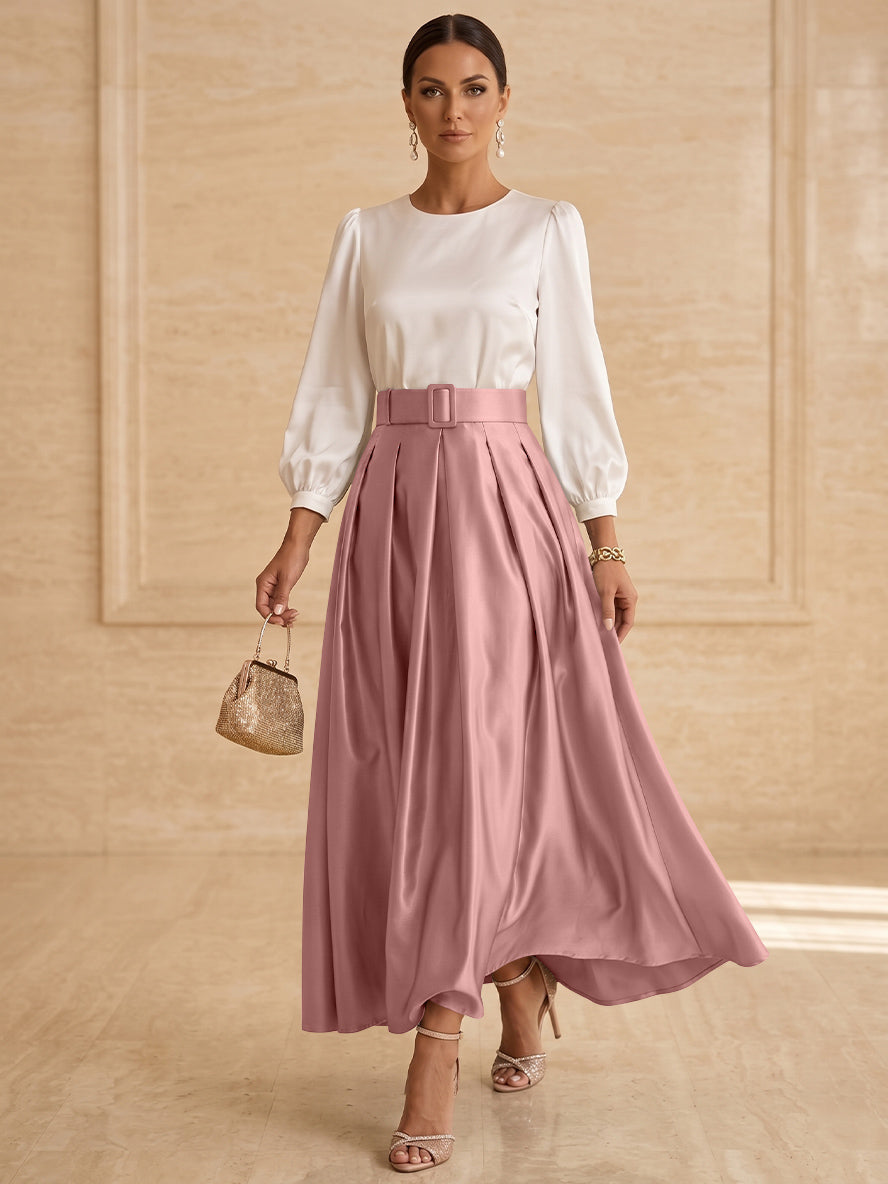 Robe mère de la mariée ligne A, taffetas col rond, manches longues, longueur cheville, plissé