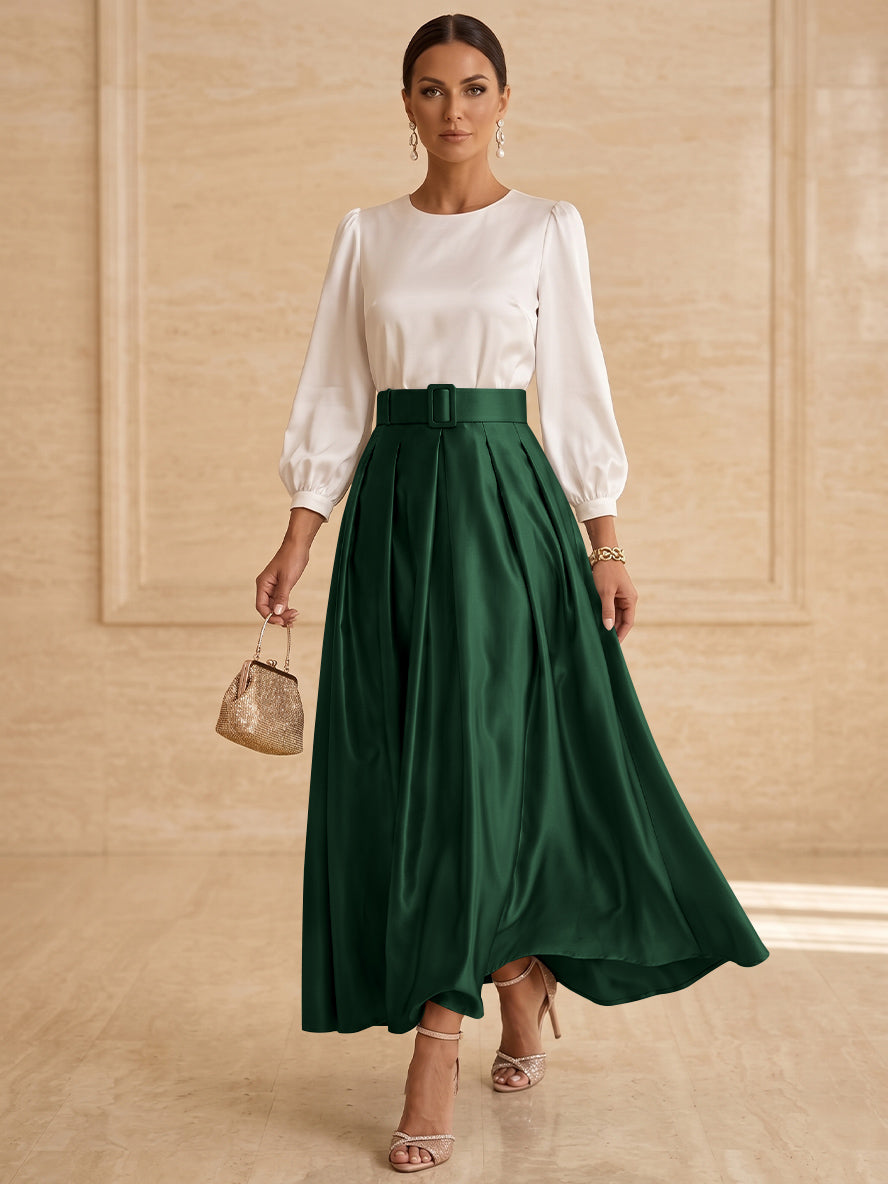 Robe mère de la mariée ligne A, taffetas col rond, manches longues, longueur cheville, plissé