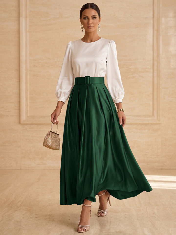 Robe mère de la mariée ligne A, taffetas col rond, manches longues, longueur cheville, plissé