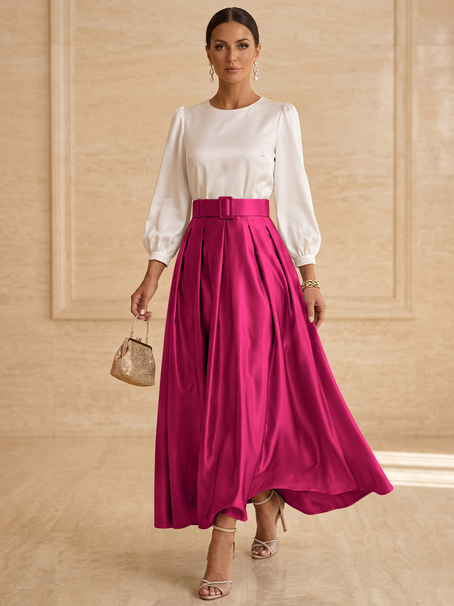 Robe mère de la mariée ligne A, taffetas col rond, manches longues, longueur cheville, plissé