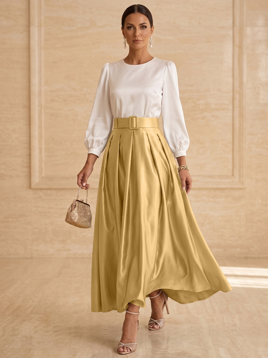 Robe mère de la mariée ligne A, taffetas col rond, manches longues, longueur cheville, plissé