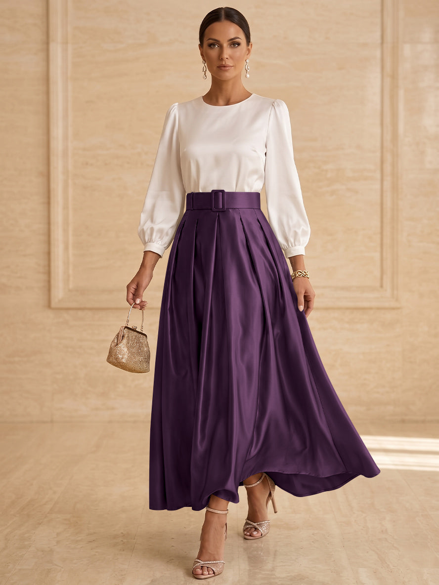 Robe mère de la mariée ligne A, taffetas col rond, manches longues, longueur cheville, plissé