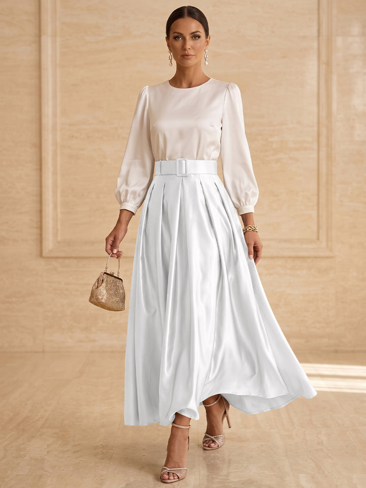 Robe mère de la mariée ligne A, taffetas col rond, manches longues, longueur cheville, plissé