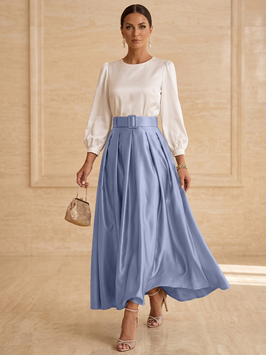 Robe mère de la mariée ligne A, taffetas col rond, manches longues, longueur cheville, plissé
