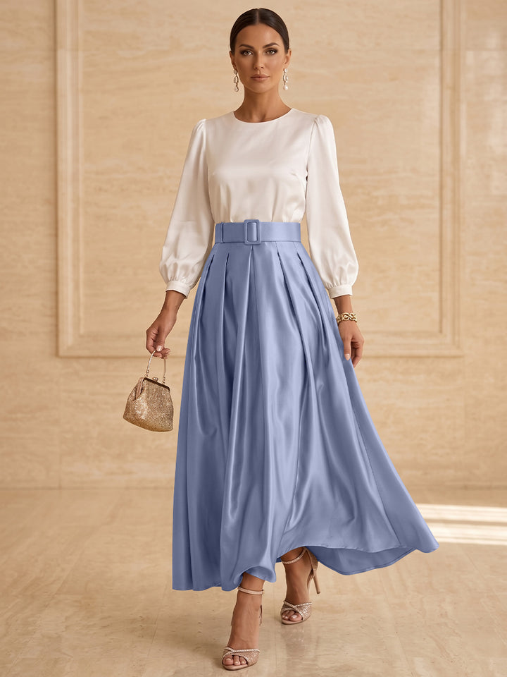 Robe mère de la mariée ligne A, taffetas col rond, manches longues, longueur cheville, plissé