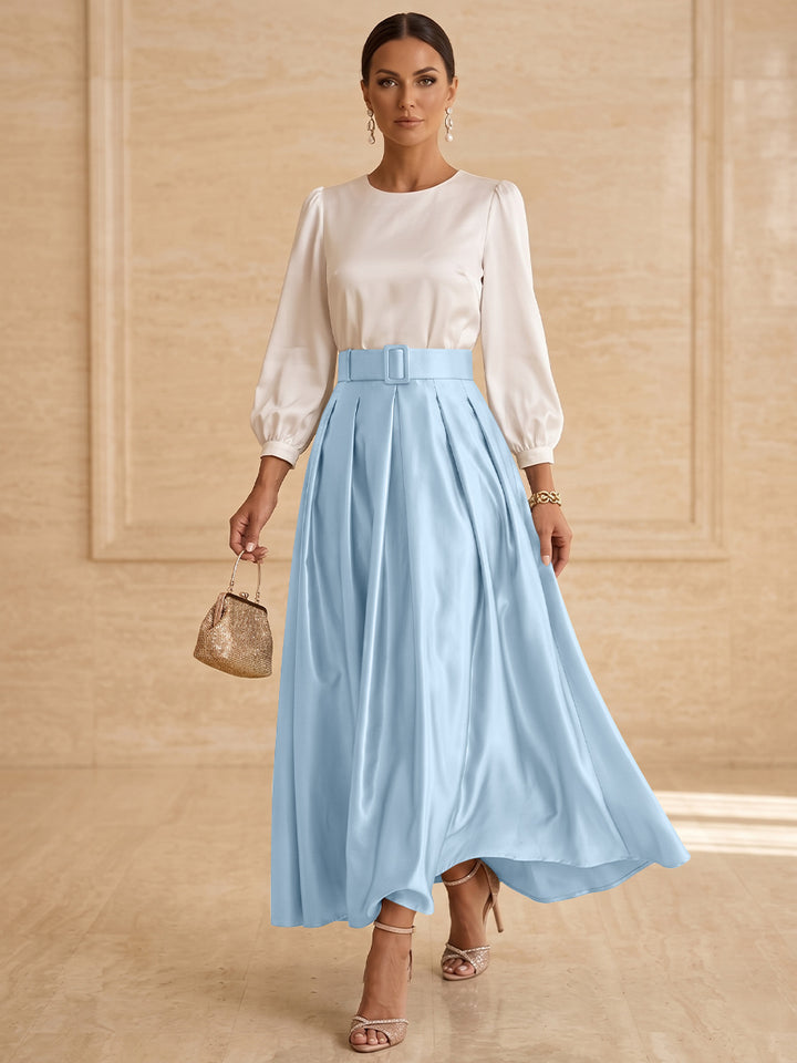 Robe mère de la mariée ligne A, taffetas col rond, manches longues, longueur cheville, plissé