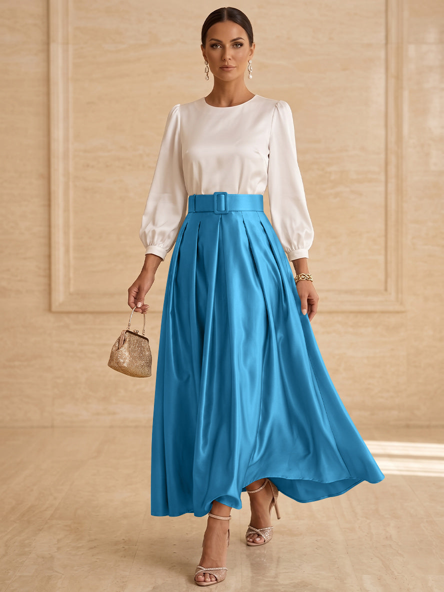 Robe mère de la mariée ligne A, taffetas col rond, manches longues, longueur cheville, plissé