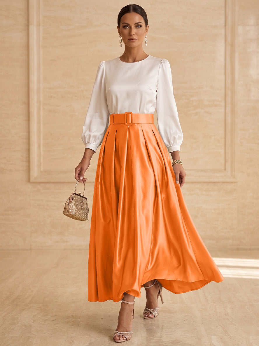 Robe mère de la mariée ligne A, taffetas col rond, manches longues, longueur cheville, plissé