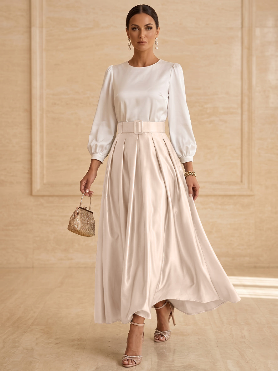 Robe mère de la mariée ligne A, taffetas col rond, manches longues, longueur cheville, plissé