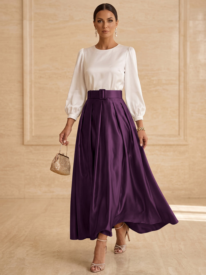 Robe mère de la mariée ligne A, taffetas col rond, manches longues, longueur cheville, plissé