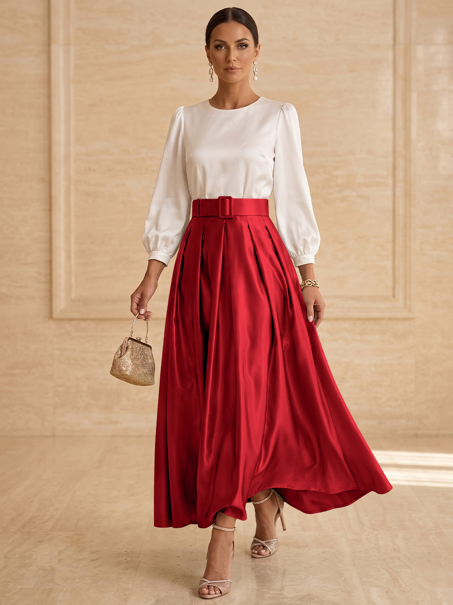 Robe mère de la mariée ligne A, taffetas col rond, manches longues, longueur cheville, plissé