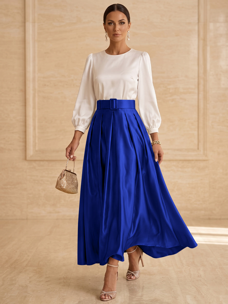 Robe mère de la mariée ligne A, taffetas col rond, manches longues, longueur cheville, plissé