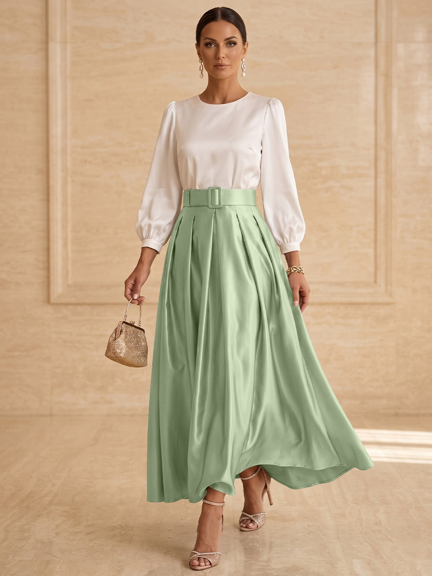Robe mère de la mariée ligne A, taffetas col rond, manches longues, longueur cheville, plissé