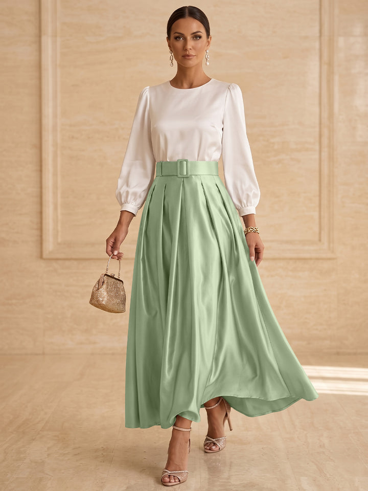 Robe mère de la mariée ligne A, taffetas col rond, manches longues, longueur cheville, plissé